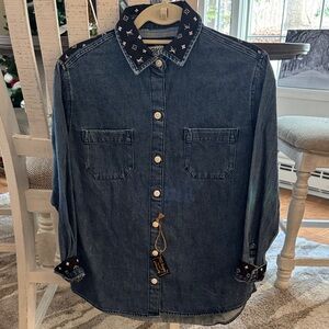 Blue Denim Button Down with Accents of Black Faux Louis Vuitton